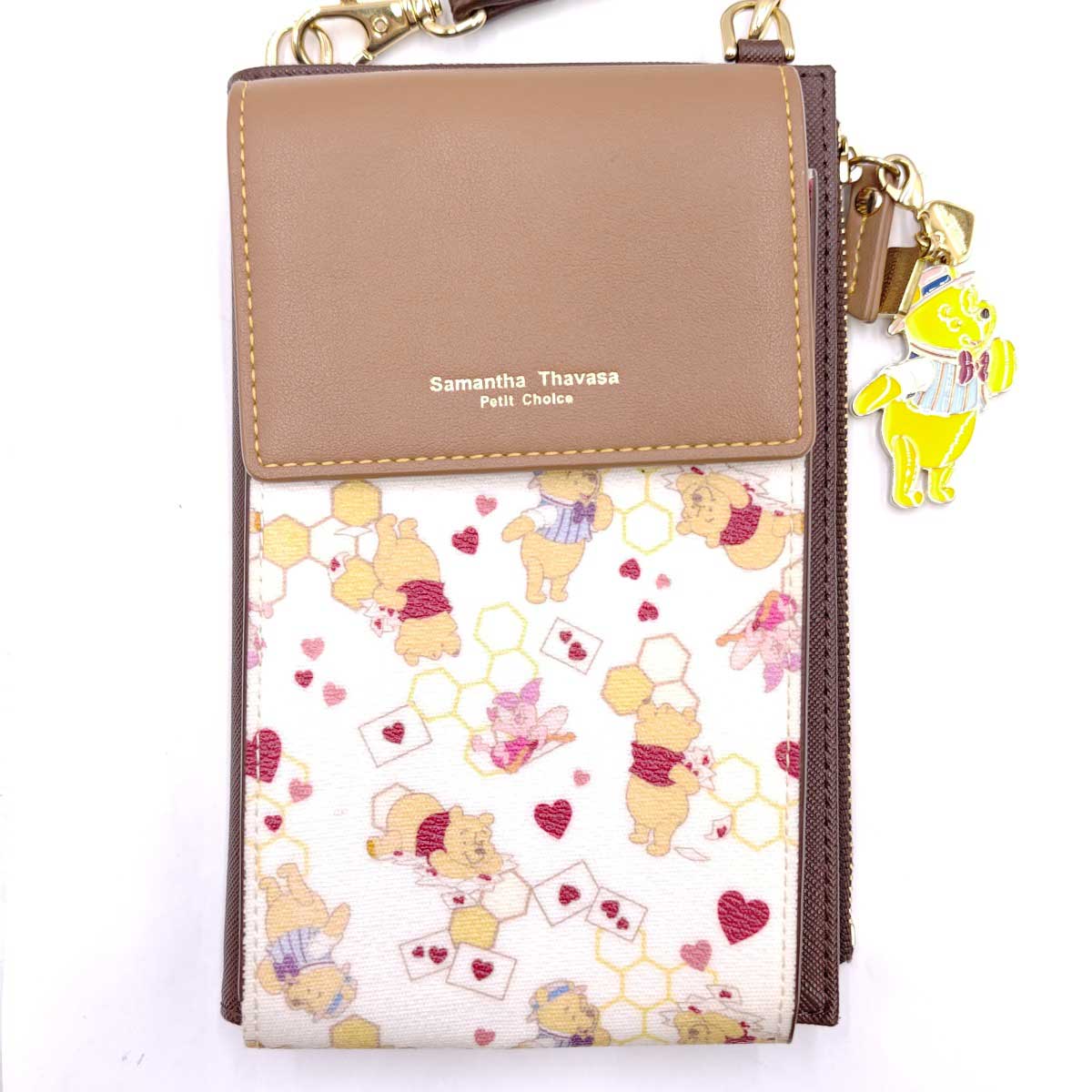 サマンサタバサ プチチョイス くまのプーさんコレクション レター柄スマホショルダー チャーム付 ブラウン カードポケット 札入れ Samantha Thavasa Petit Choice